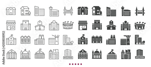 Building icons collection. Multi series icons. Line and glyph solid web icons collection