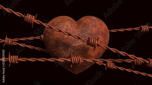 Rusty Heart Behind Barbed Wire 3d render.