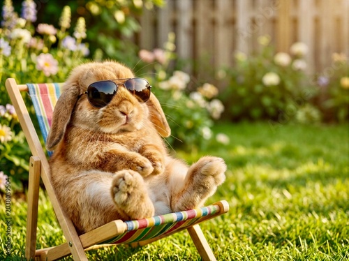 Rabbit relaxes in garden while wearing sunglasses and sitting in a deck chair during sunny day