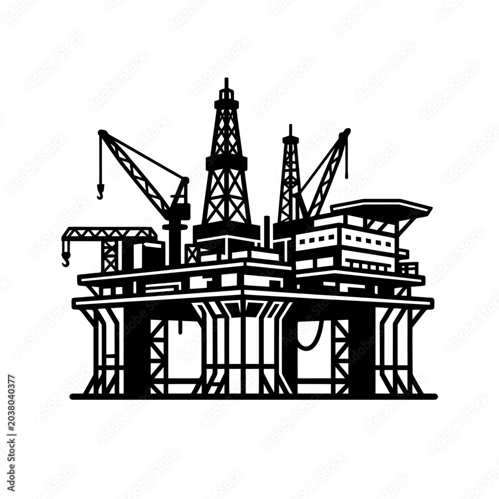 Obraz premium Offshore Fixed Platform Black and White Silhouette Vector Icon Isolated on White Background