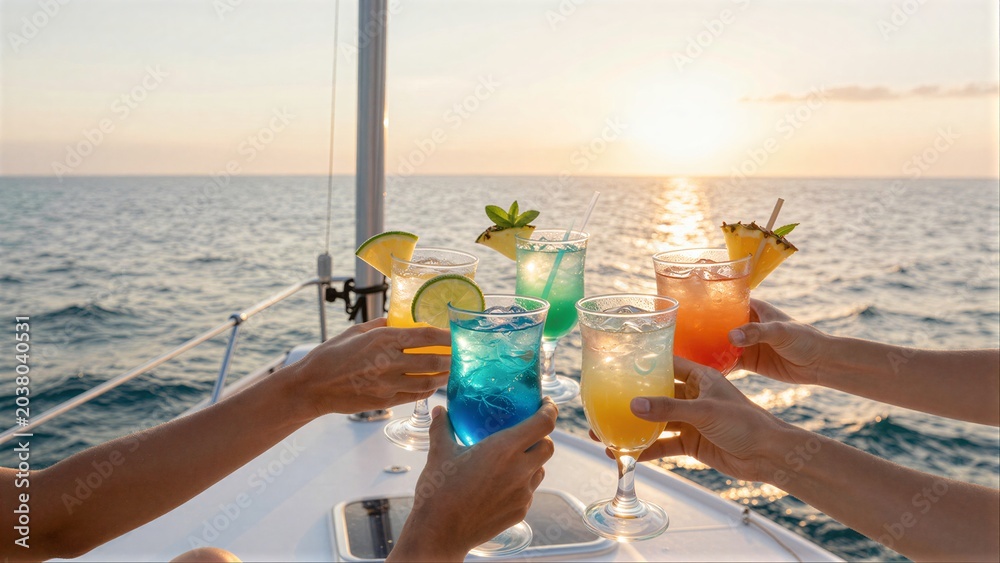 Obraz premium Friends toast colorful cocktails on a boat at sunset enjoying ocean