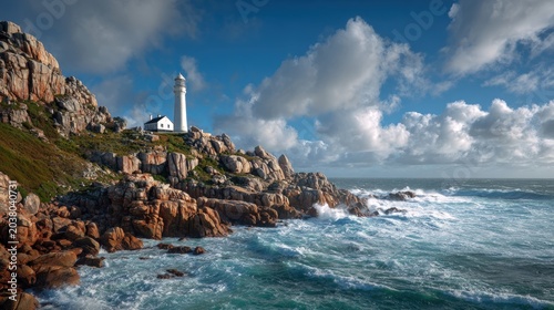 Coastal lighthouse rocky cliffs ocean waves
