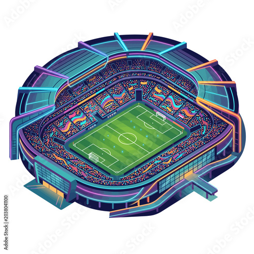 Stadium isometric view showcases a vibrant soccer field illuminated by soft ambient lighting with glowing structural edges.