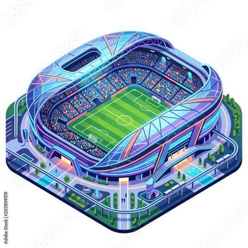 Stadium illuminated with glowing neon accents showcases a vibrant atmosphere within a streamlined architectural design set against a neutral backdrop.