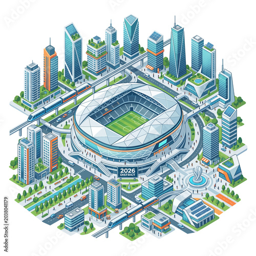 Stadium complex featuring a central grass field surrounded by modern blue skyscrapers and elevated monorail tracks in an isometric view.