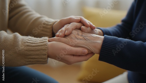 Foto A close-up shot of a young person holding the hands of an elderly person, showing comfort, support, care, and compassion