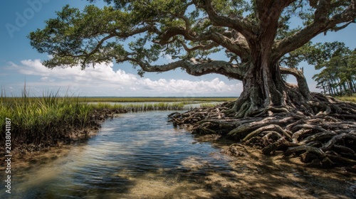 Coastal oak tree marsh landscape