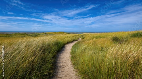 Coastal path through grassy dunes