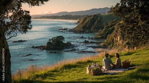 Coastal picnic overlooking ocean landscape