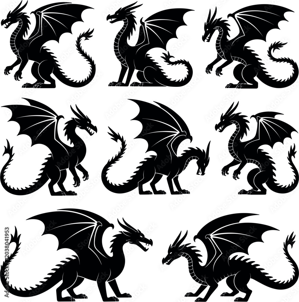 Fototapeta premium Dragon silhouette collection vector illustration, mythical winged creature icons isolated for fantasy and legendary designs