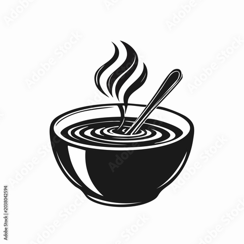 Minimalist illustration of a steaming bowl of soup with spoon and rising steam