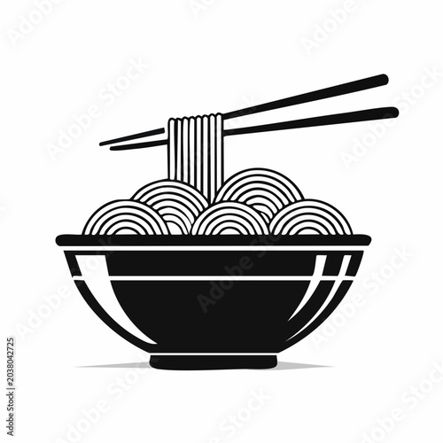 Minimalist monochrome illustration of noodle bowl with chopsticks design element