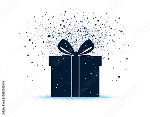 Dark-blue gift box with a ribbon, surrounded by light-blue confetti-like particles on a white background