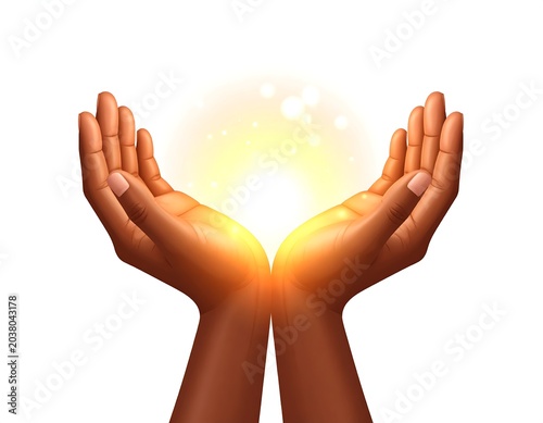 Dark-skinned hands cupped, holding a luminous orb of golden light