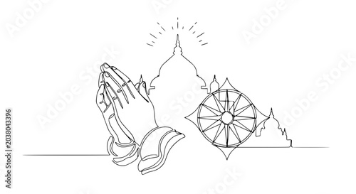 Photos Buddhist prayer hands, Dharma wheel, and temple silhouette, single line art