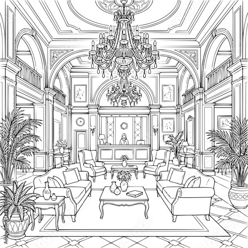 Luxury Grand Hotel Lobby Interior Coloring Page with Reception and Chandeliers