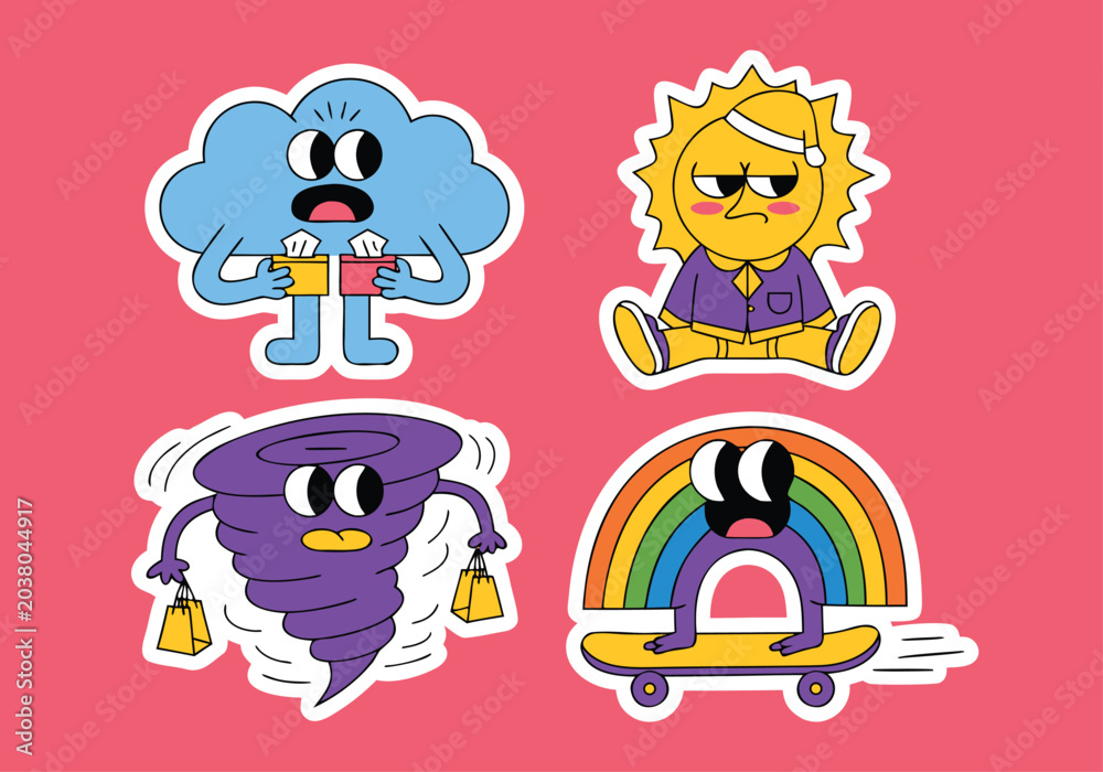 Obraz premium Cloud drinking sun sitting tornado with bells rainbow on skateboard weather elements skateboard