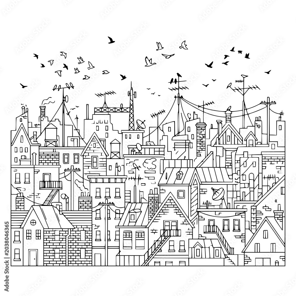 Obraz premium Whimsical urban cityscape line art illustration with roofs and birds