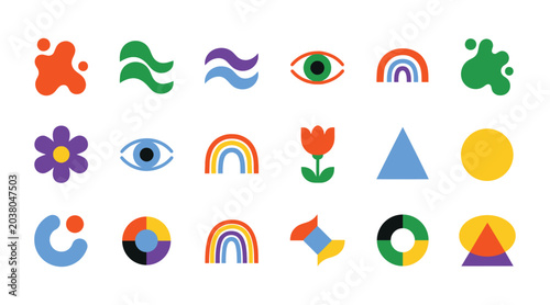Abstract shapes and modern symbols set featuring rainbow eye flower triangle and organic blobs in vibrant colors isolated on white background for contemporary graphic design and digital artworks.