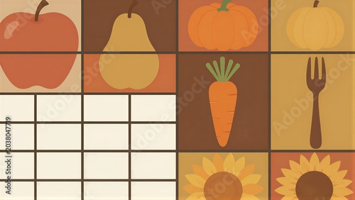 Fall harvest fruits veggies and a fork on warm-toned grid background.