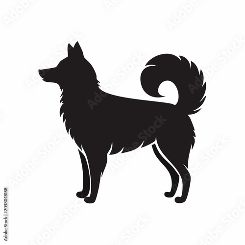 Silhouette of a Finnish Spitz dog standing gracefully against a white background simple design