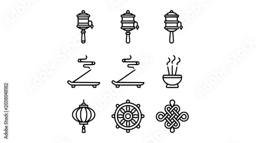 Tableau sur toile Tibetan Buddhist Symbols Icon Set: Prayer Wheel, Incense, Lantern, Dharma Wheel,