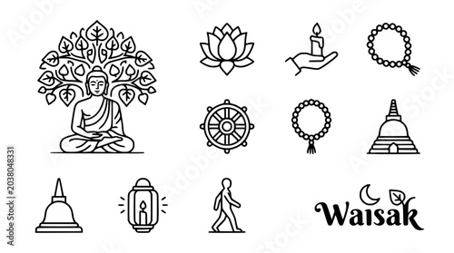 Bild auf Leinwand Buddha icons set, meditation, lotus, candle, rosary, dharma wheel, stupa, lanter