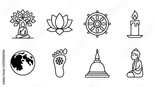 Tableau sur toile Buddha Icons: Meditation, Dharma Wheel, Lotus, Stupa, Candle, Earth, Footprint