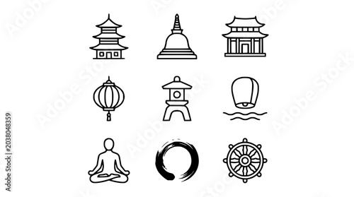 Obraz na plátně Asian culture icons: pagoda, stupa, temple, lantern, zen, meditation, dharma whe