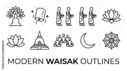 Photos Waisak Symbols Set: Buddha, Lotus, Stupa, Dharma Wheel, Monks, Moon, Lantern