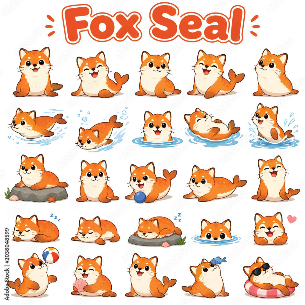 Fototapeta premium Fox Seal Line Art Vector Icon Set, Marine Mammal Wildlife Outline Illustration Collection