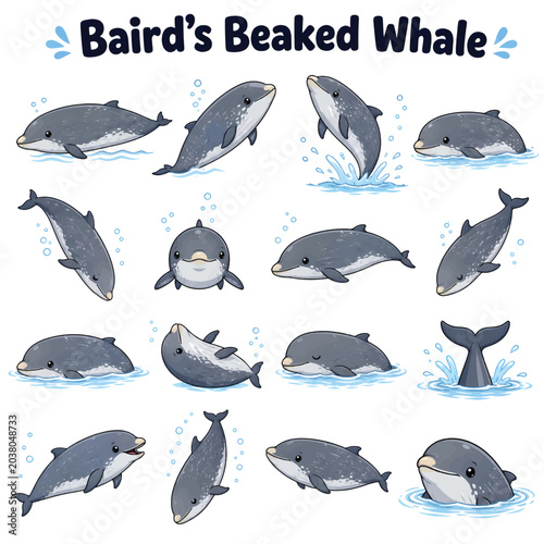 Bilde på lerret Baird’s Beaked Whale Line Art Vector Icon Set, Deep Sea Cetacean Wildlife Outlin