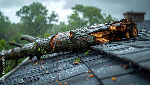 Storm Damage: A large tree, uprooted and broken, lies precariously across a damaged rooftop during a heavy downpour. The scene conveys the destructive force of severe weather.