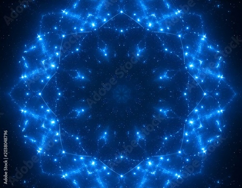 Deep blue, glowing, symmetrical, fractal design with starburst pattern
