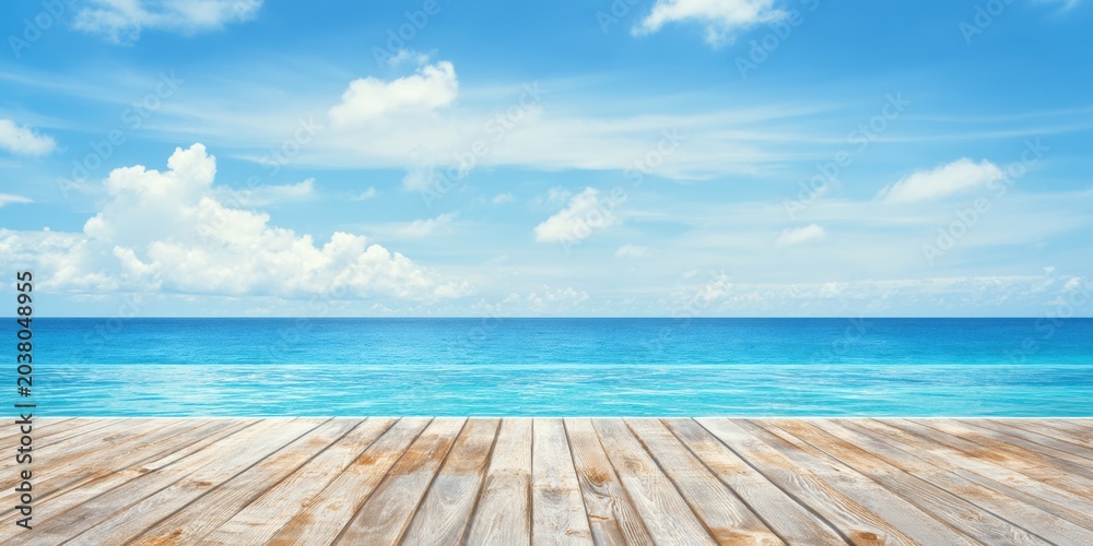 Fototapeta premium Summer Vacation Background with Wooden Pier and Tropical Blue Sea