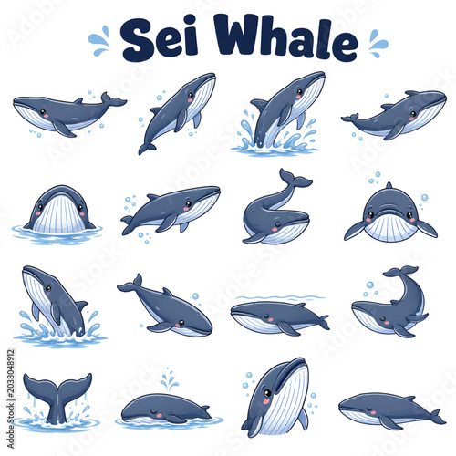 Photography Sei Whale Line Art Vector Icon Set, Large Ocean Whale Wildlife Outline Illustrat