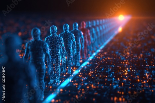 Artificial intelligence silhouettes walking in a futuristic digital data network