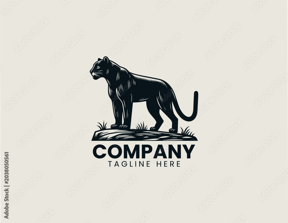 Fototapeta premium Panther on rock silhouette black vector illustration