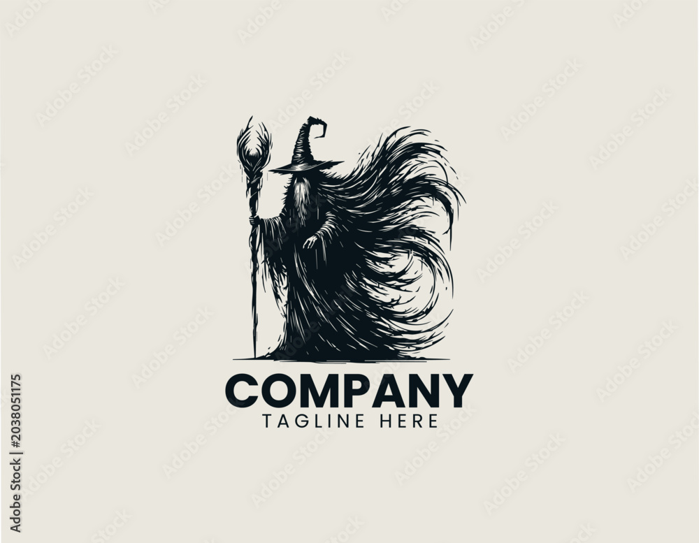 Fototapeta premium Dark wizard with glowing staff black vector illustration