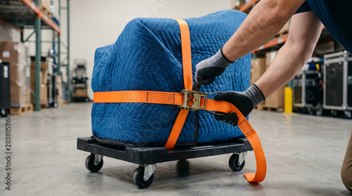 A person securing a large item wrapped in a blue moving blanket on a dolly with orange straps in a warehouse