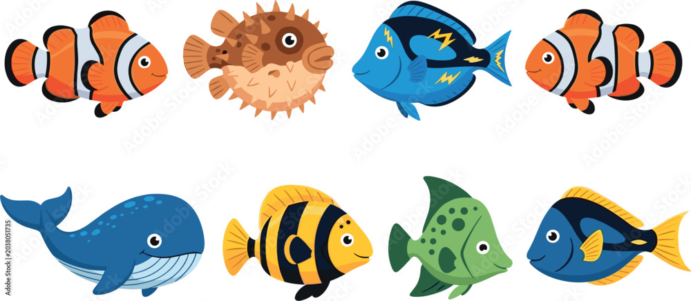Obraz premium Colorful Cartoon Tropical Fish Collection Featuring Clownfish Whale Pufferfish and Exotic Marine Sea Animals Vector Illustration Set