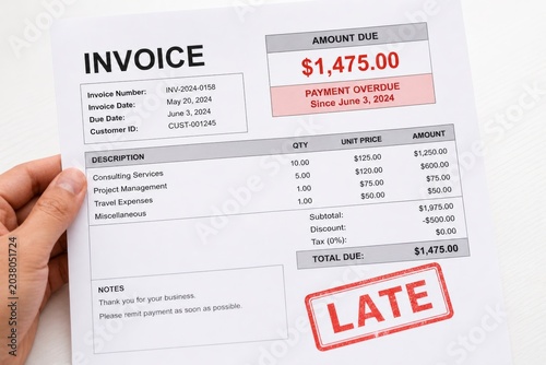 Hand holding overdue invoice document with amount due, late payment stamp, billing details and total balance. Concept of unpaid bill, finance, debt, accounting, business payment