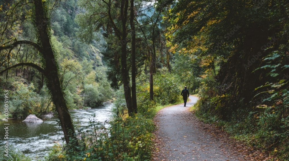 Fototapeta premium Forest path alongside flowing river autumn