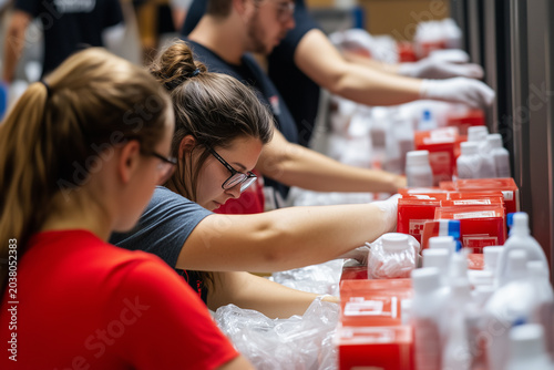 Team of volunteers packing hygiene and medical kits for homeless outreach program. Human kindness social care and charitable support