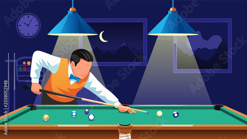 Tableau sur toile Man playing billiards in a dimly lit room with pool table, cue, and colorful bal