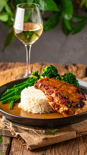 Gourmet Meal Perfection: A beautifully plated dish featuring succulent chicken, fluffy white rice, vibrant green beans, and tender broccoli, complemented by a glass of crisp white wine.