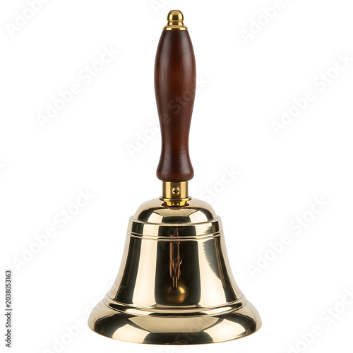 Vintage Brass Handbell with Wooden Handle Isolated on White Background