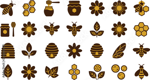 Photos Charming vector graphic illustration set featuring bees, honeycombs, flowers, and beehives with a warm color palette