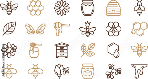 Fotografia A collection of simple vector illustrations representing bees, honey, and nature elements in a clean graphic design style