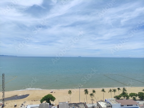 Serene beach scene with calm ocean, sandy shore, and row of palm trees under blue sky